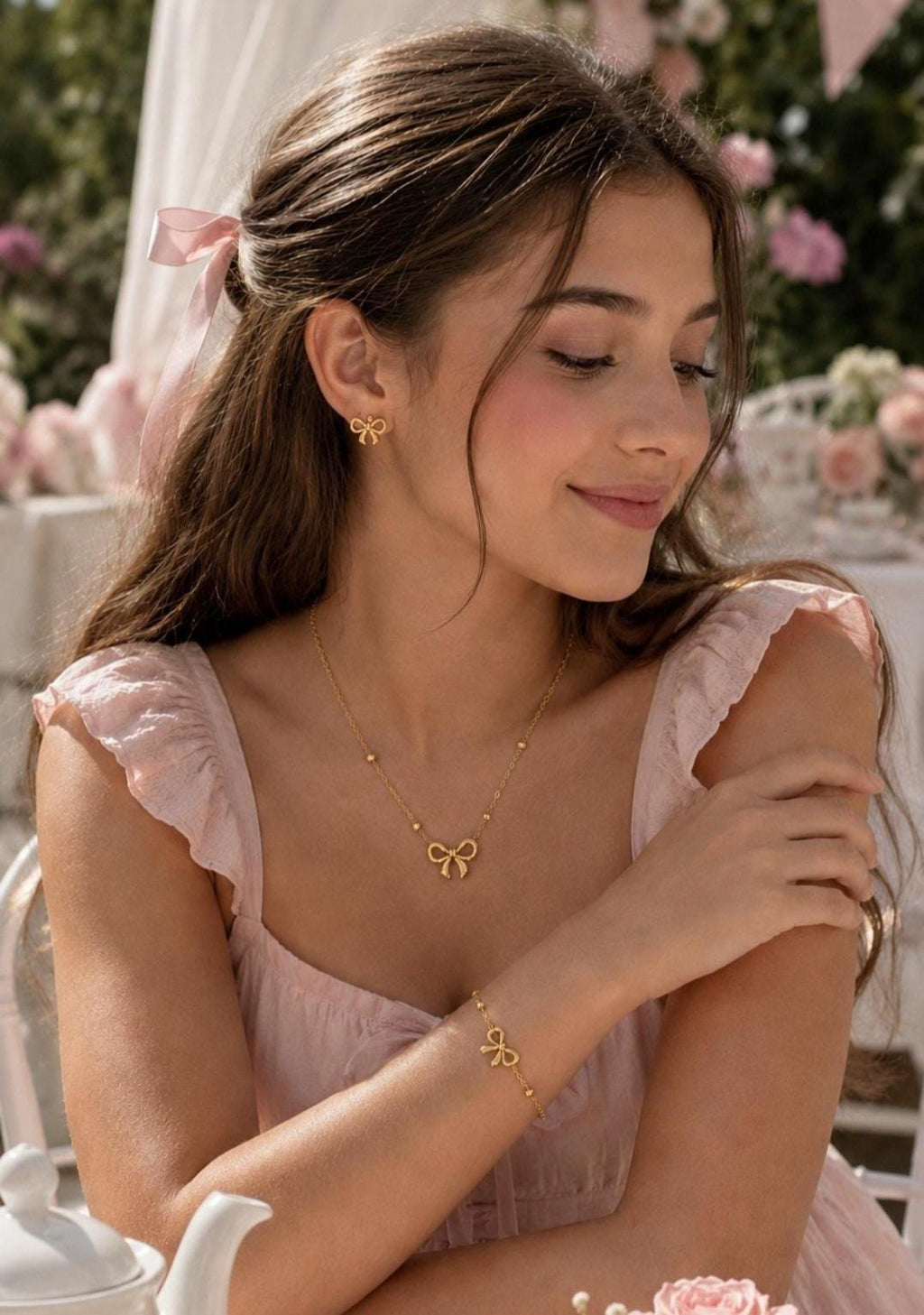 Gold Bow Jewelry Set Necklace Bracelet Earrings | 18K Plated Stainless Steel, Dainty Coquette Style