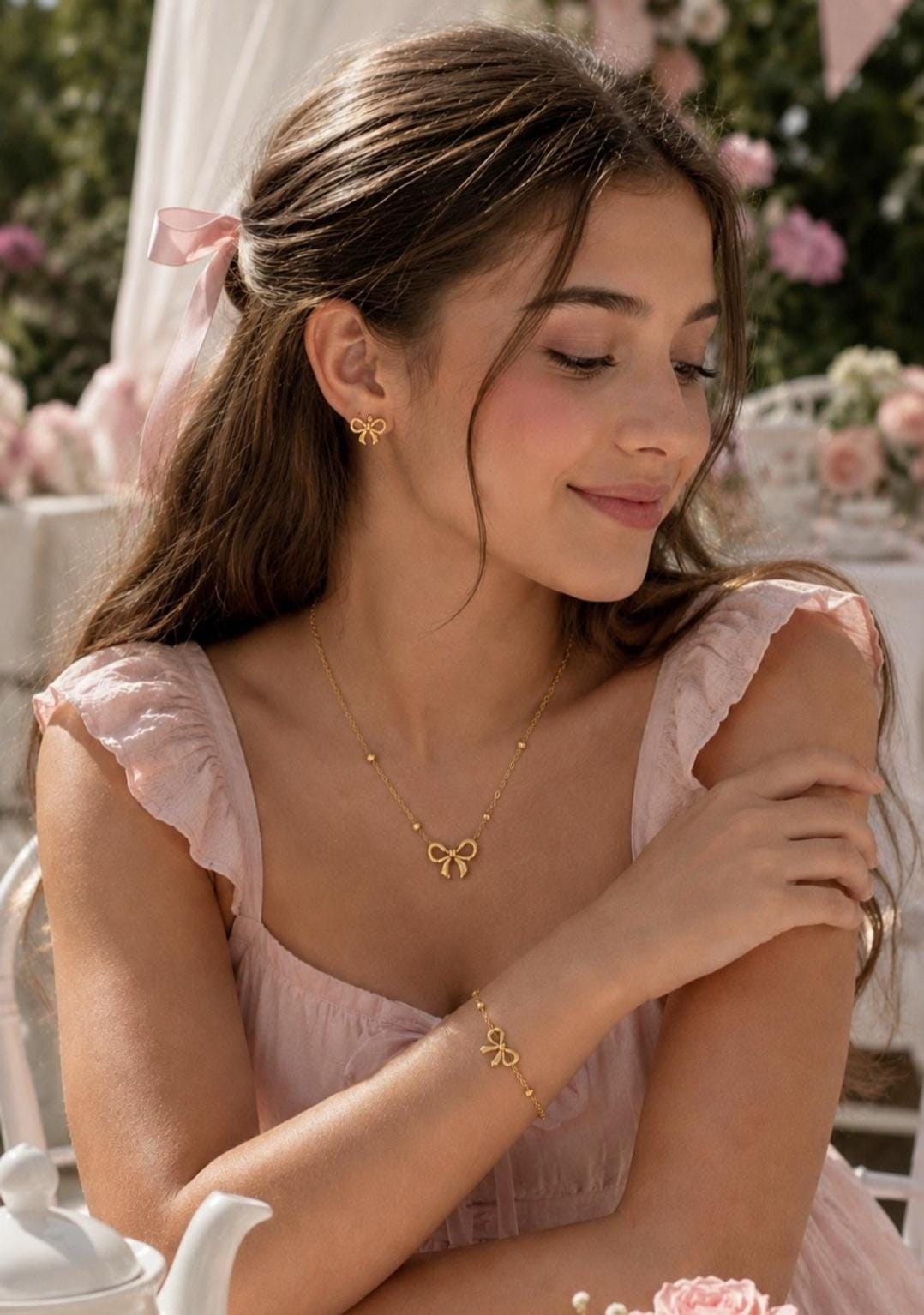 Gold Bow Jewelry Set Necklace Bracelet Earrings | 18K Plated Stainless Steel, Dainty Coquette Style