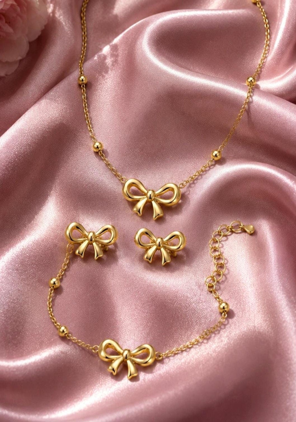 Gold Bow Jewelry Set Necklace Bracelet Earrings | 18K Plated Stainless Steel, Dainty Coquette Style