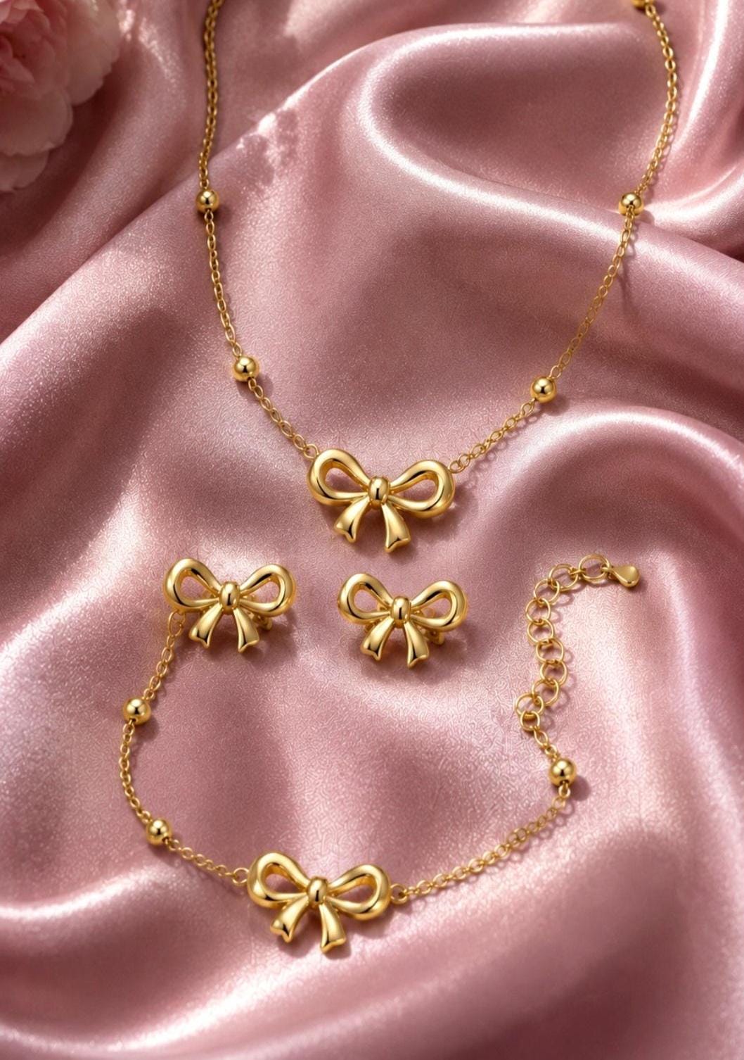 Gold Bow Jewelry Set Necklace Bracelet Earrings | 18K Plated Stainless Steel, Dainty Coquette Style
