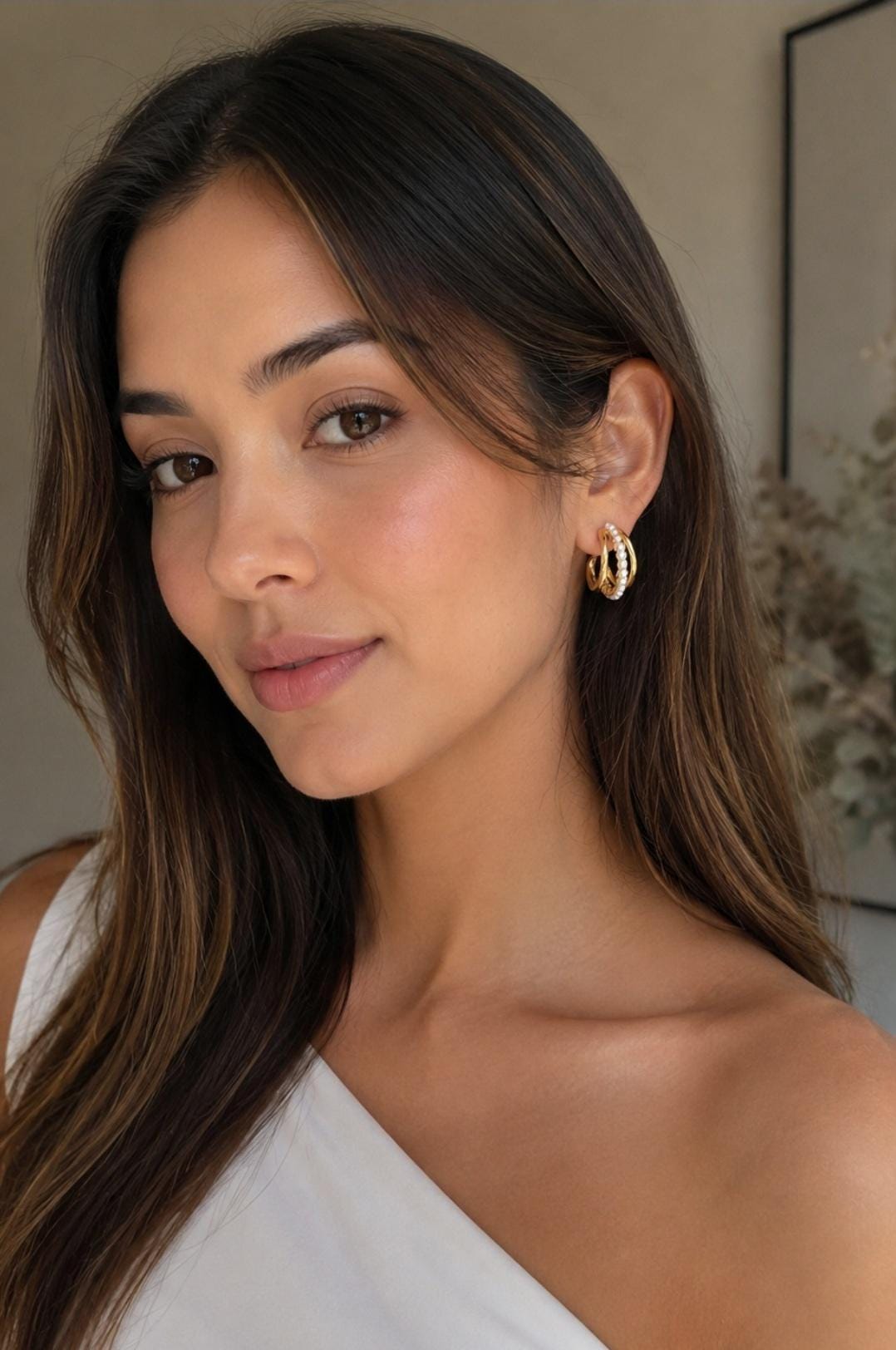 Alessia Gold Pearl Hoop Earrings | Textured Layered 18K Gold Plated Stainless Steel.Dainty Luxury