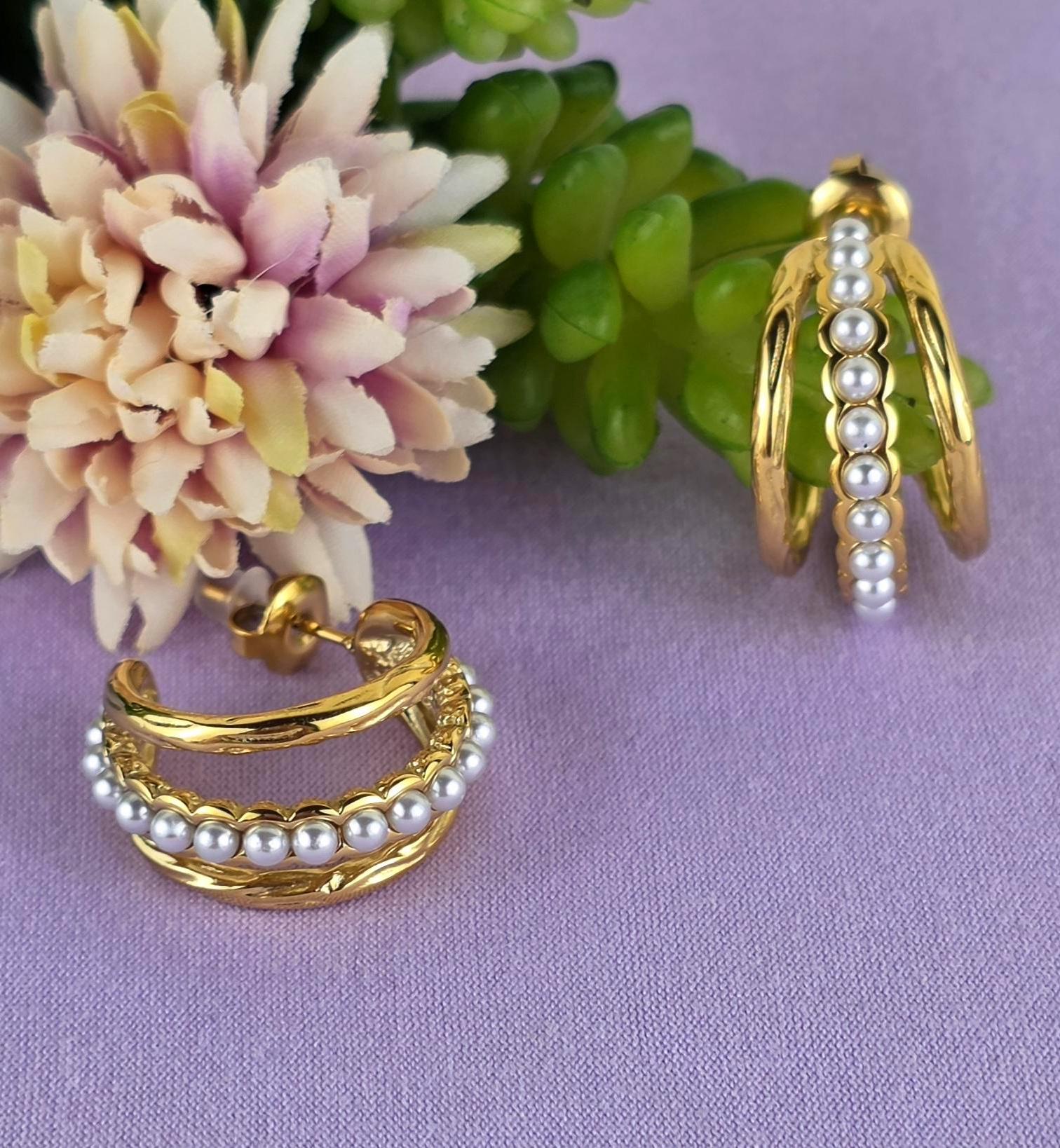 Alessia Gold Pearl Hoop Earrings | Textured Layered 18K Gold Plated Stainless Steel.Dainty Luxury