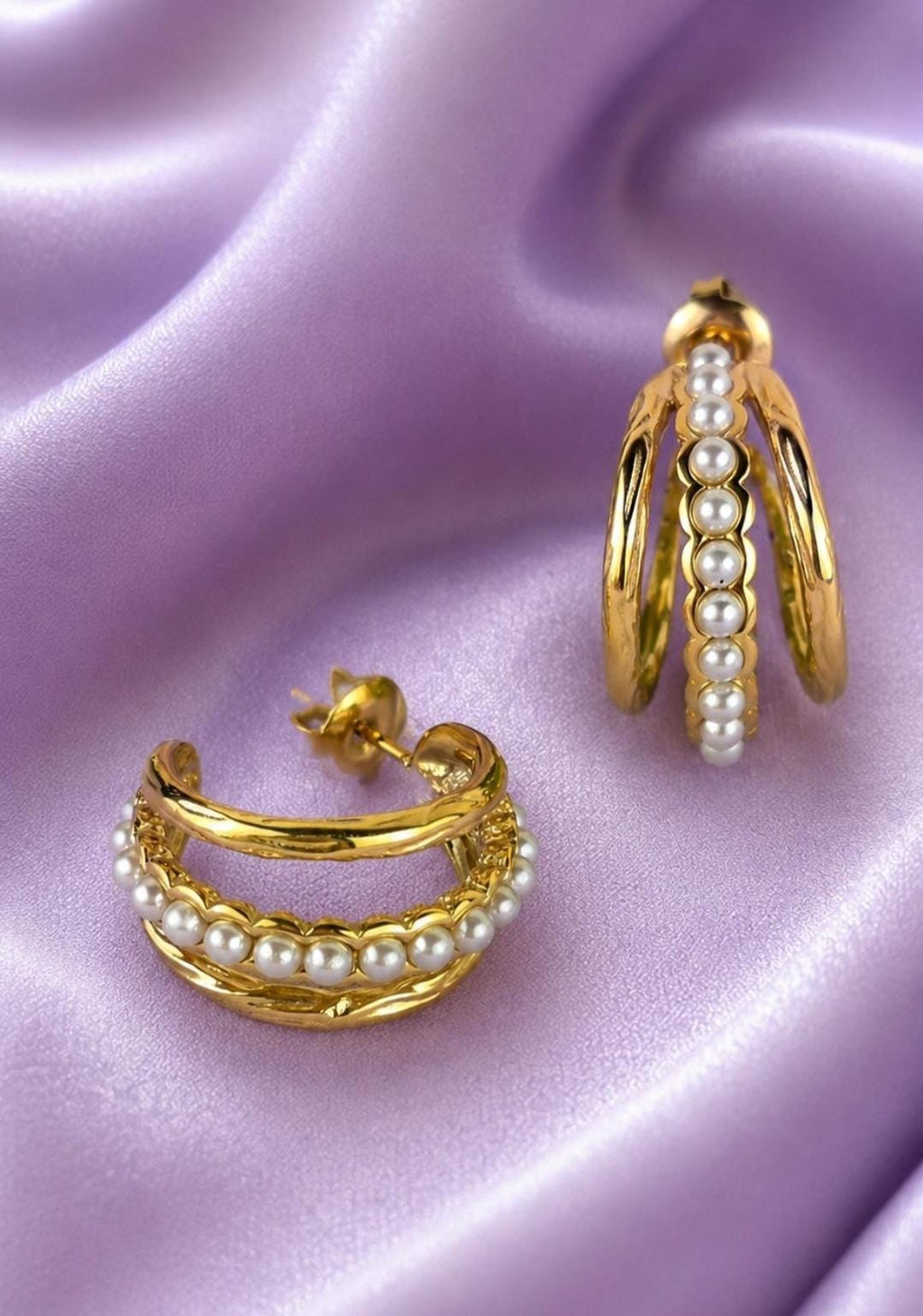 Alessia Gold Pearl Hoop Earrings | Textured Layered 18K Gold Plated Stainless Steel.Dainty Luxury