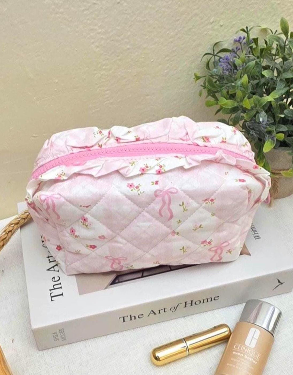 Floral Cosmetic Bag, Pink Ruffle Pouch, Travel Toiletry Organizer