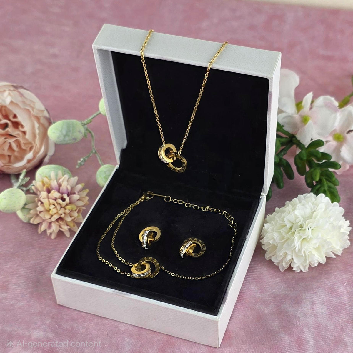 Estelle Roman Numeral Jewelry Set | Gold Zirconia Necklace, Bracelet, Earrings