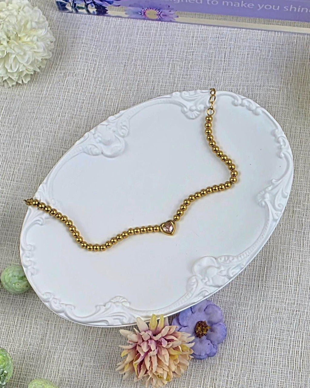18K Gold Beaded Bracelet Pink CZ Heart | Dainty Stainless Steel Jewelry