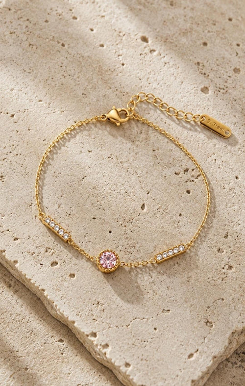 18K Gold Plated Pink CZ Bar Bracelet – Stainless Steel Chain Jewelry.Dainty Gift