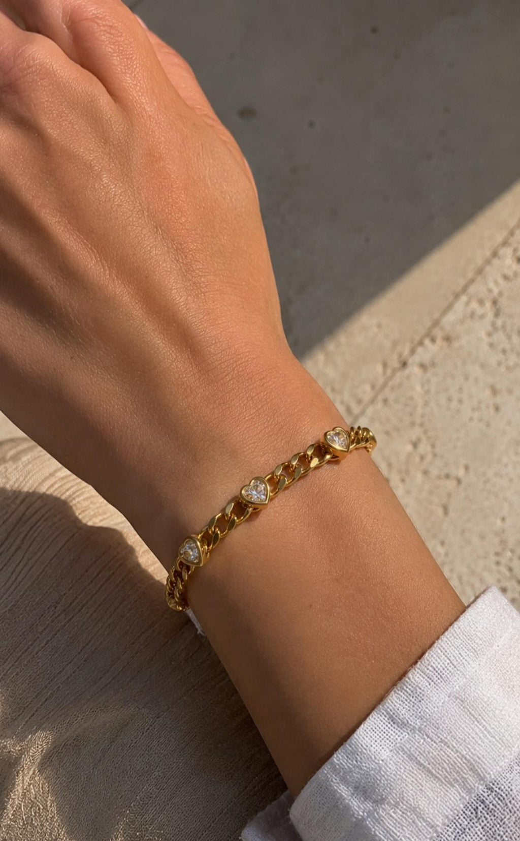 18K Gold Plated Heart Bracelet, Stainless Steel CZ Chain, Romantic Jewelry