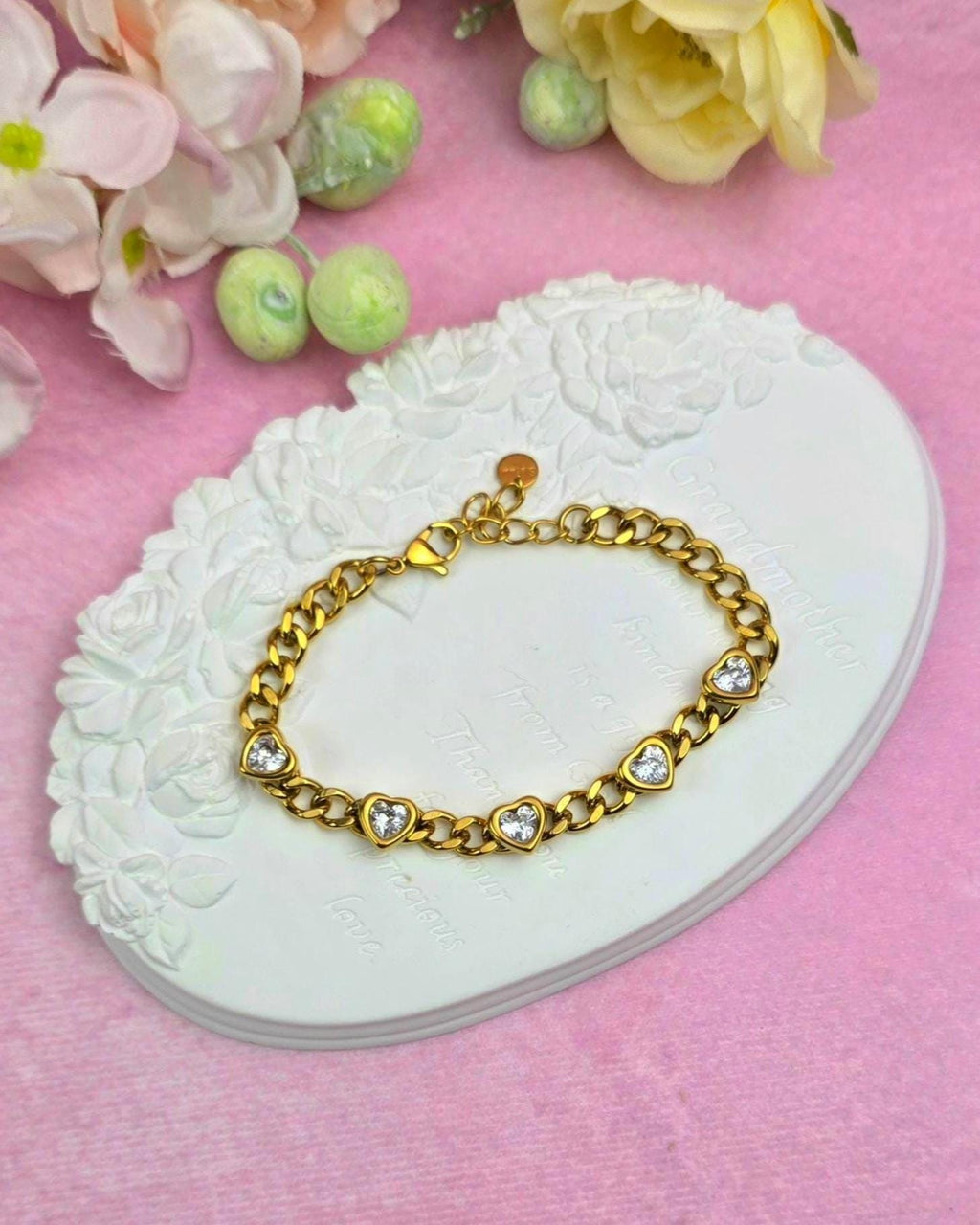 18K Gold Plated Heart Bracelet, Stainless Steel CZ Chain, Romantic Jewelry
