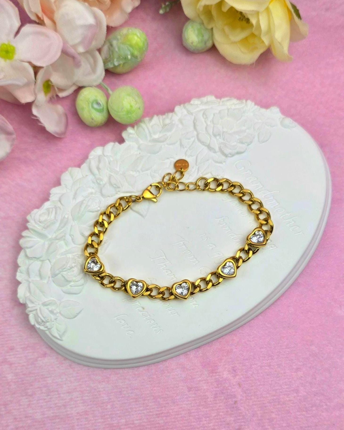 18K Gold Plated Heart Bracelet, Stainless Steel CZ Chain, Romantic Jewelry