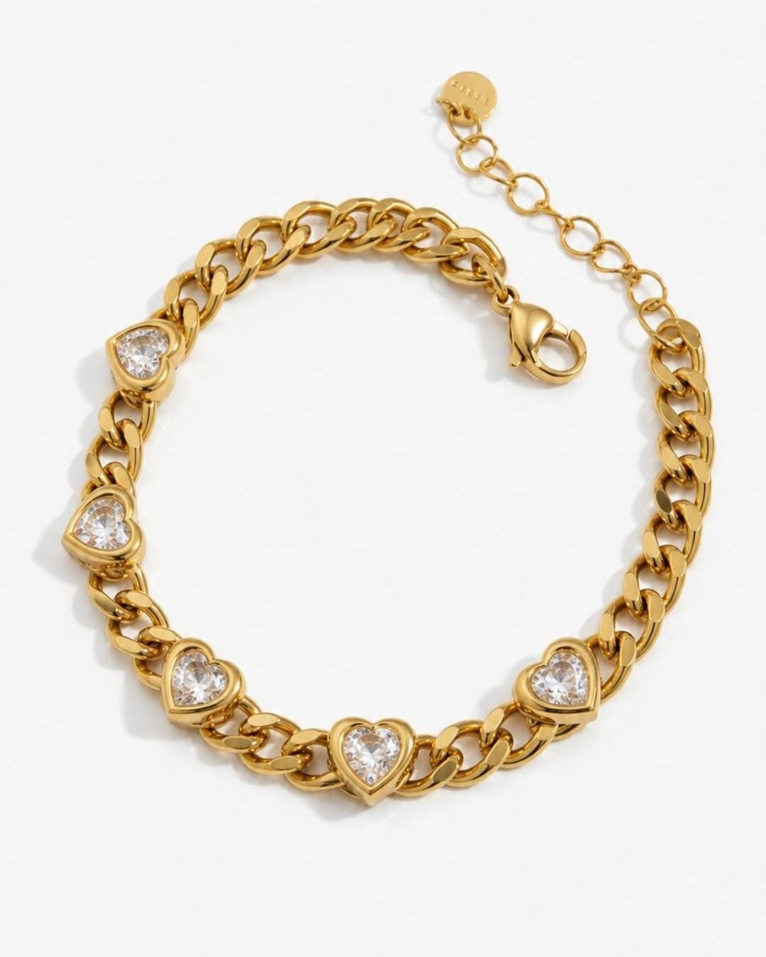 18K Gold Plated Heart Bracelet, Stainless Steel CZ Chain, Romantic Jewelry