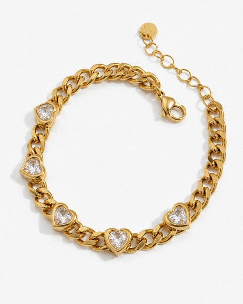 18K Gold Plated Heart Bracelet, Stainless Steel CZ Chain, Romantic Jewelry