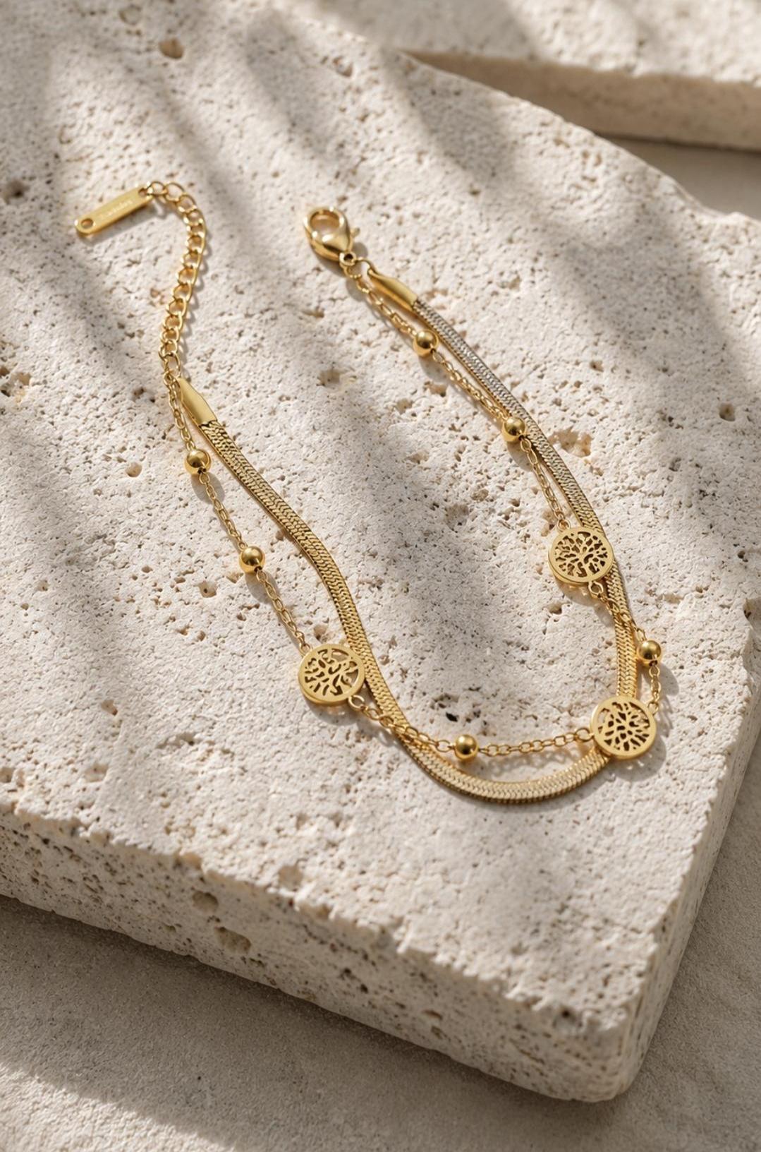 18K Gold Plated Tree of Life Bracelet, Stainless Steel Double Chain Dainty Layered Jewelry