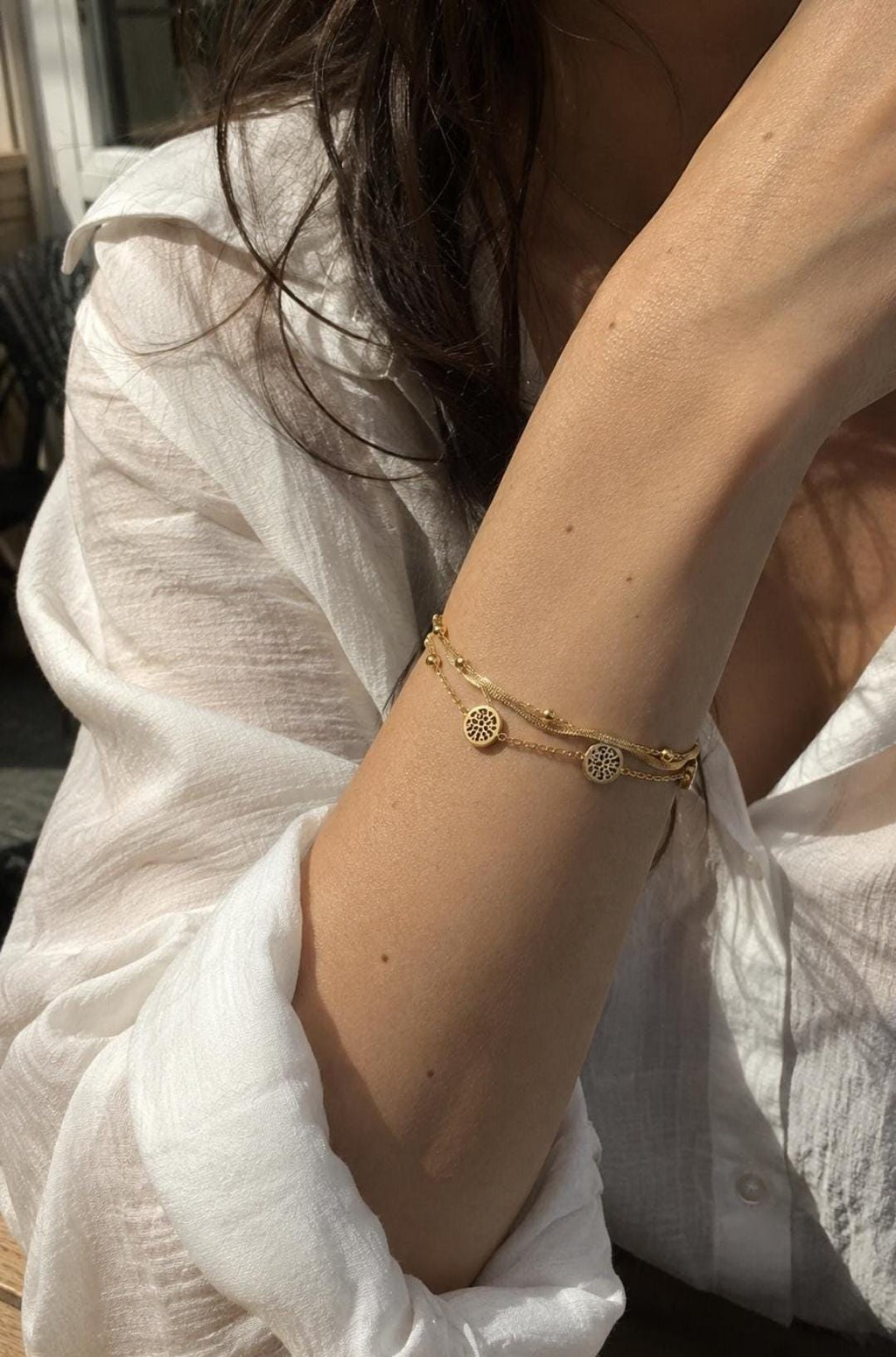 18K Gold Plated Tree of Life Bracelet, Stainless Steel Double Chain Dainty Layered Jewelry