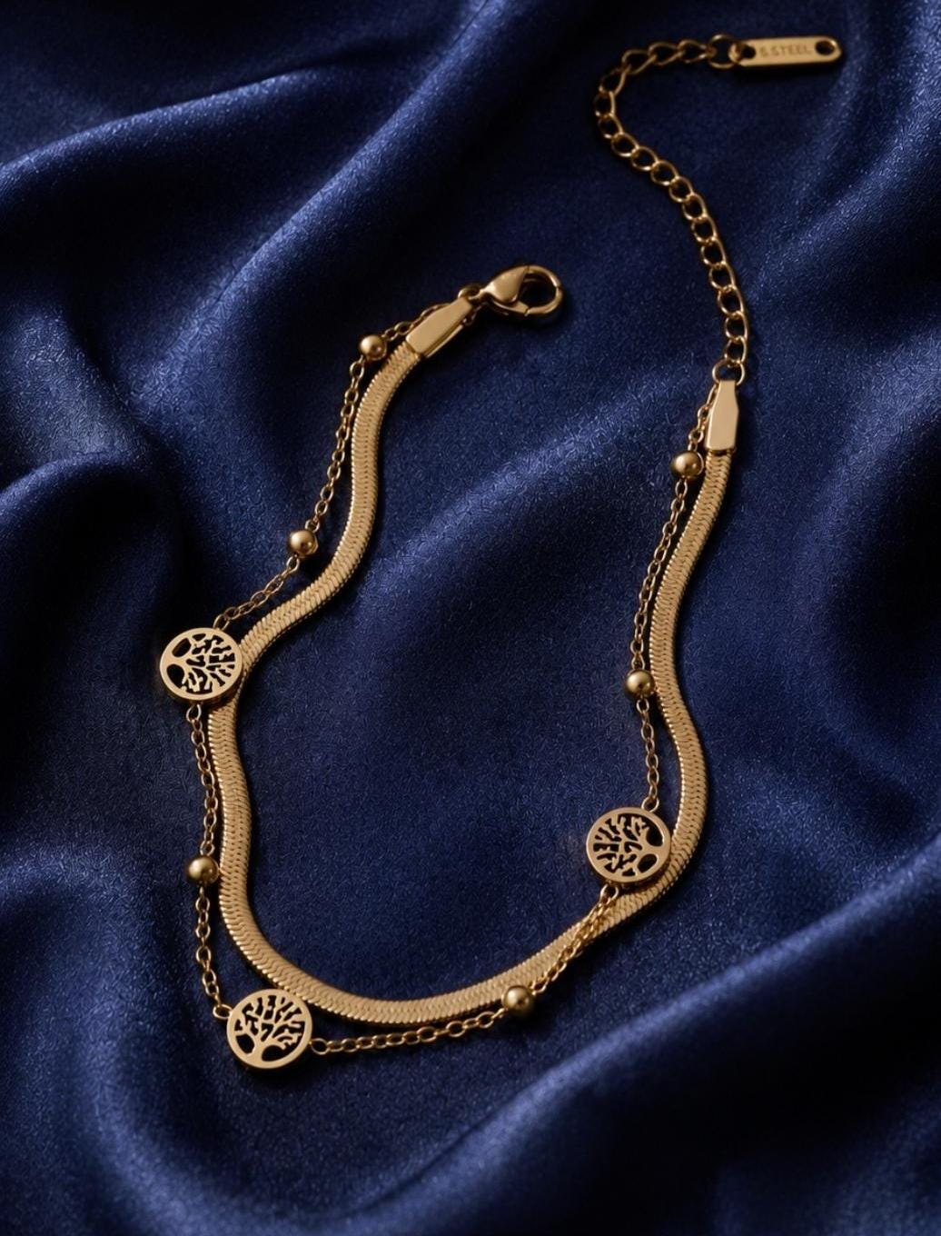 18K Gold Plated Tree of Life Bracelet, Stainless Steel Double Chain Dainty Layered Jewelry