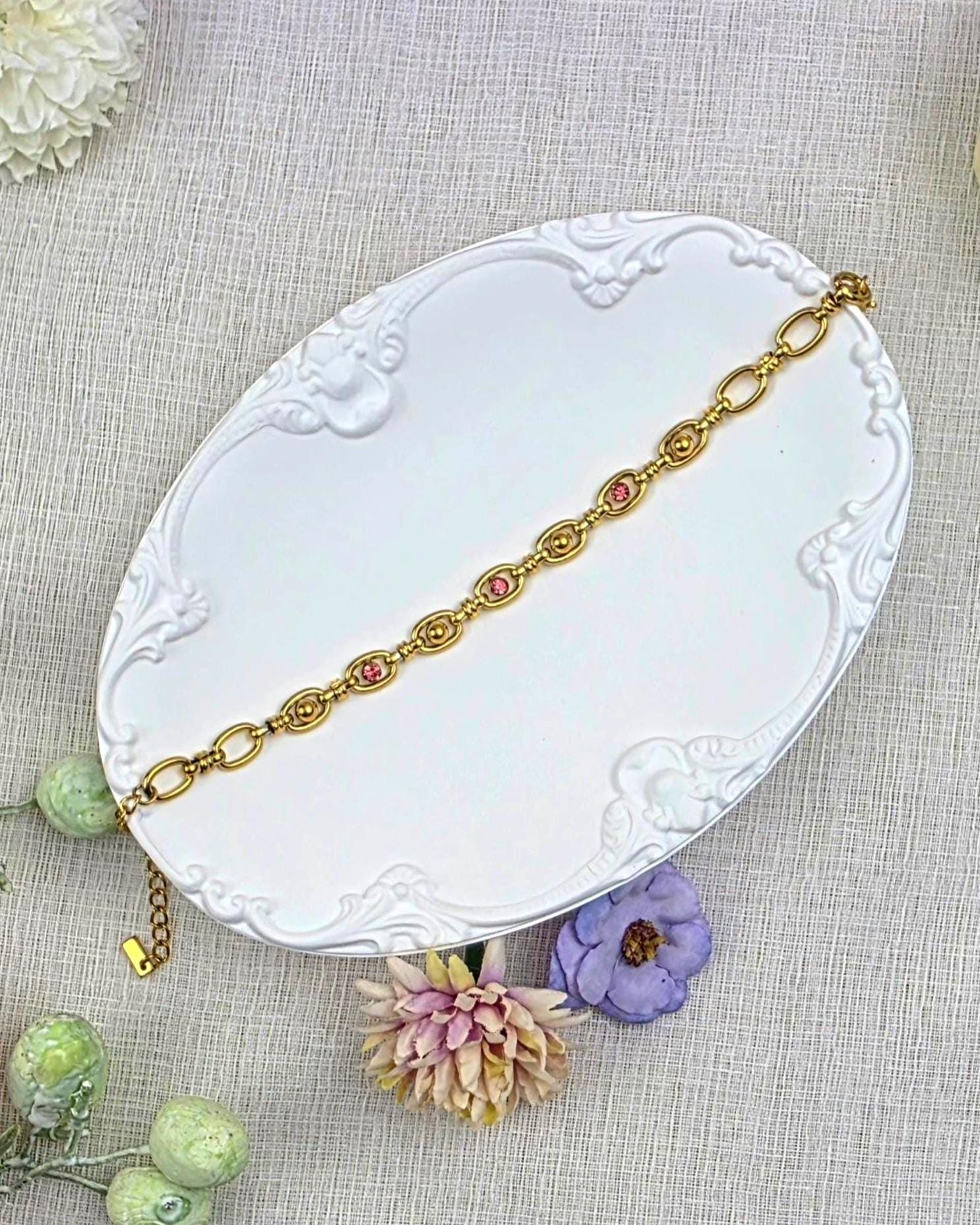 18K Gold Plated Pink Stone Chain Bracelet – Stainless Steel Dainty Jewelry