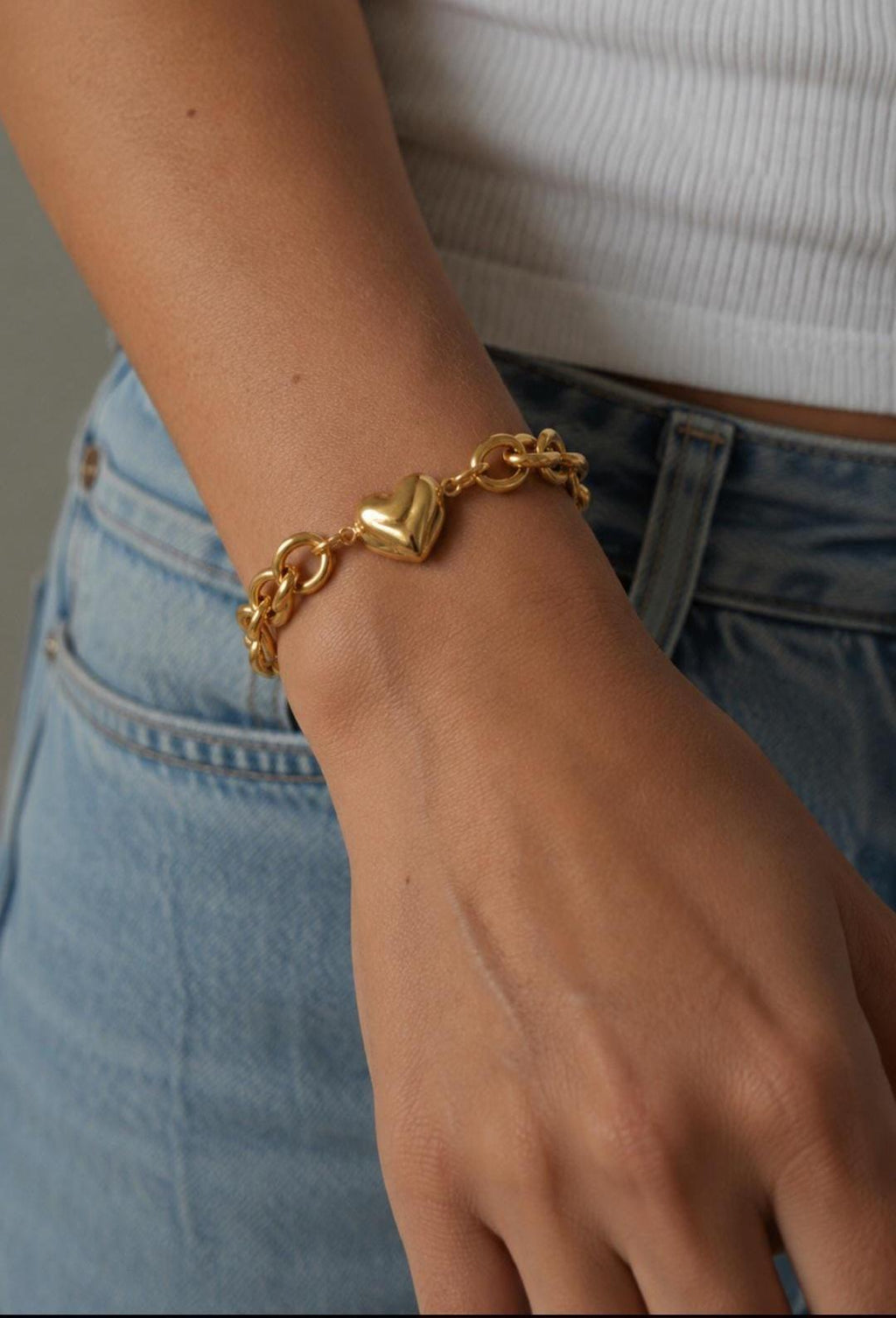 Gold Heart Chain Bracelet, Stainless Steel Chunky Link, Dainty Charm Jewelry, Adjustable