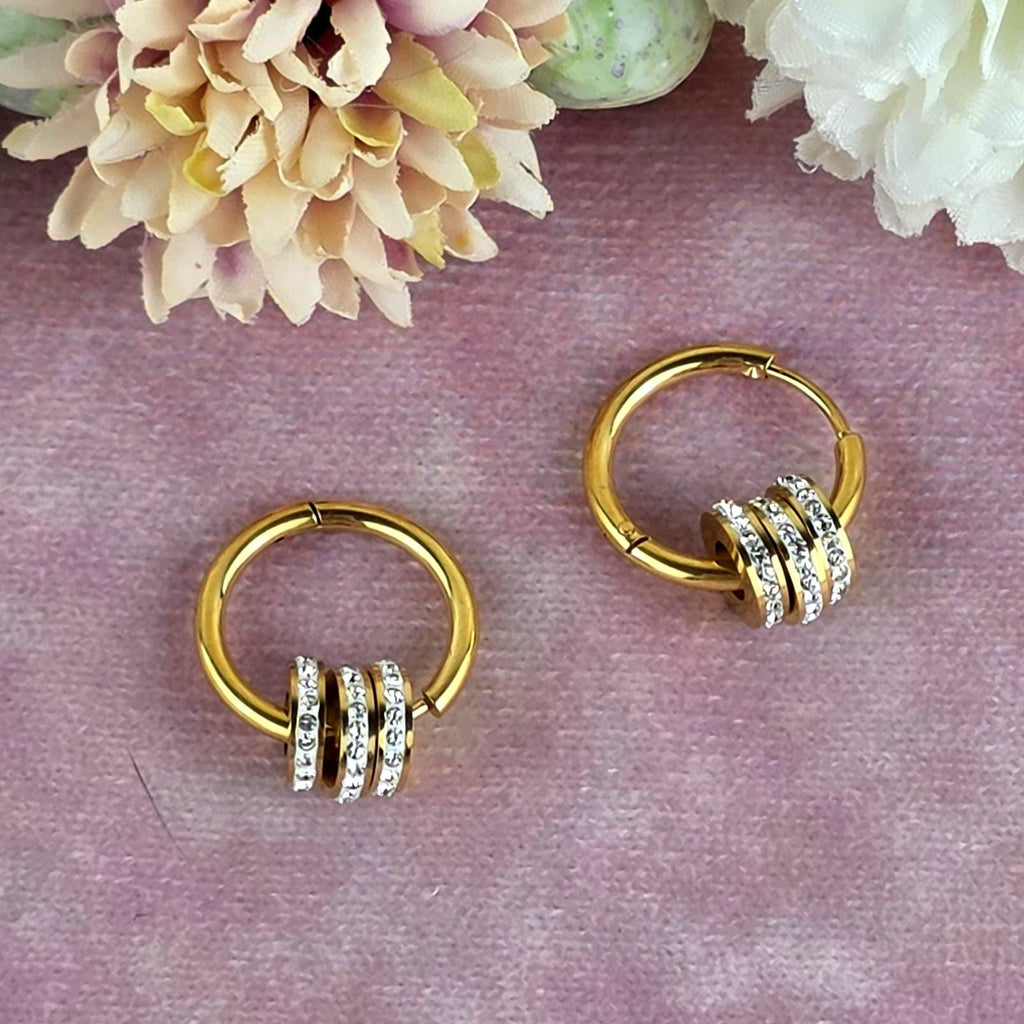 Gold Crystal Hoop Earrings | 18k Plated Stainless Steel Huggie Hoops.Dainty Sparkle Jewelry Gift