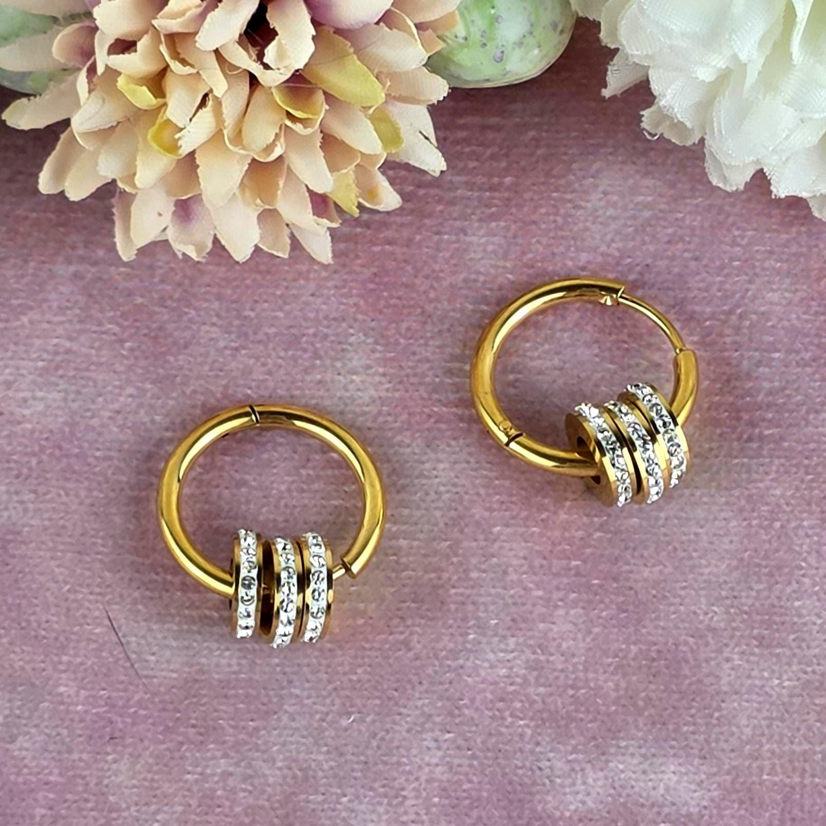 Gold Crystal Hoop Earrings | 18k Plated Stainless Steel Huggie Hoops.Dainty Sparkle Jewelry Gift