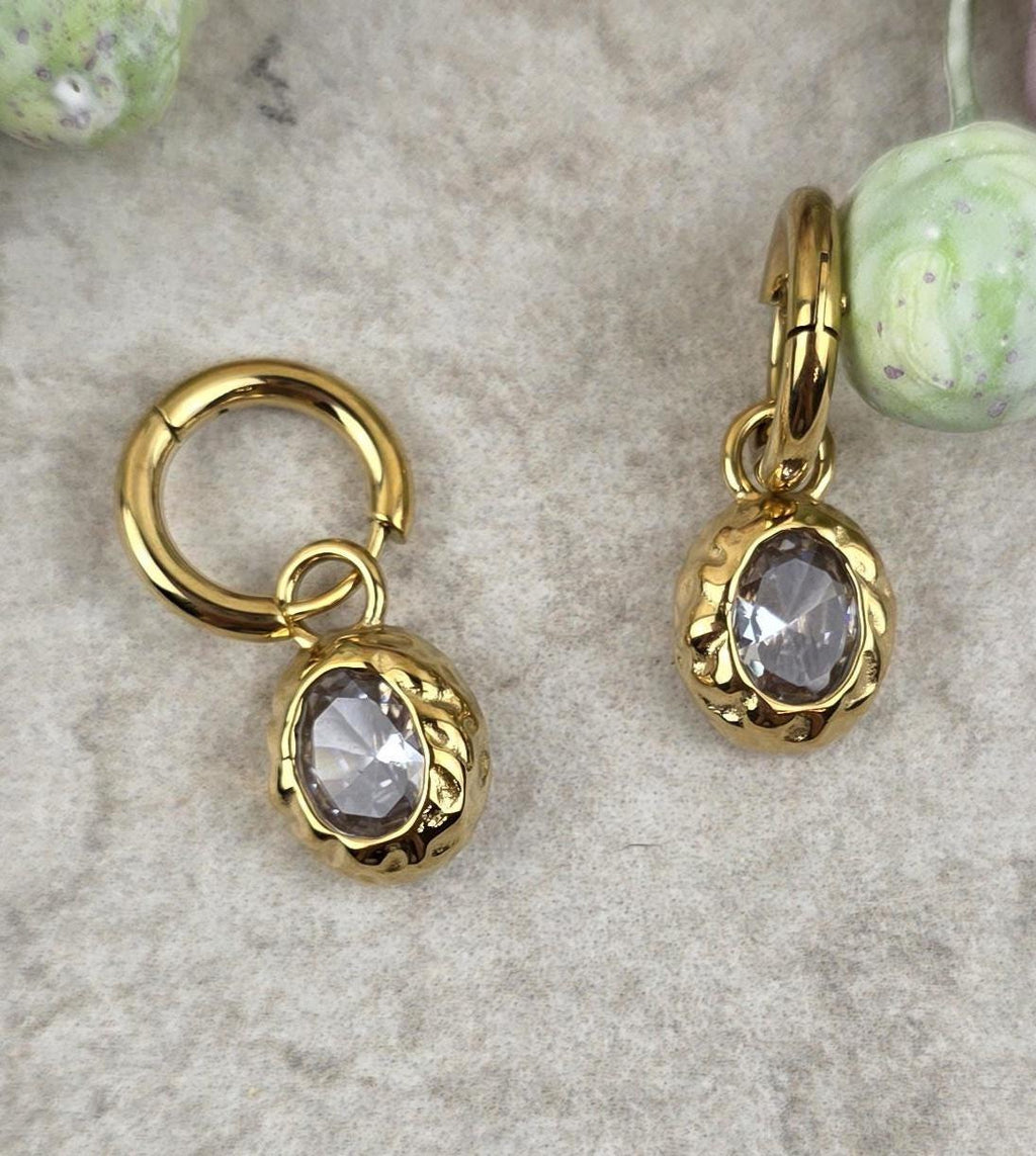 18K Gold Plated Oval Crystal Drop Earrings | Vintage Style Dainty Hoops