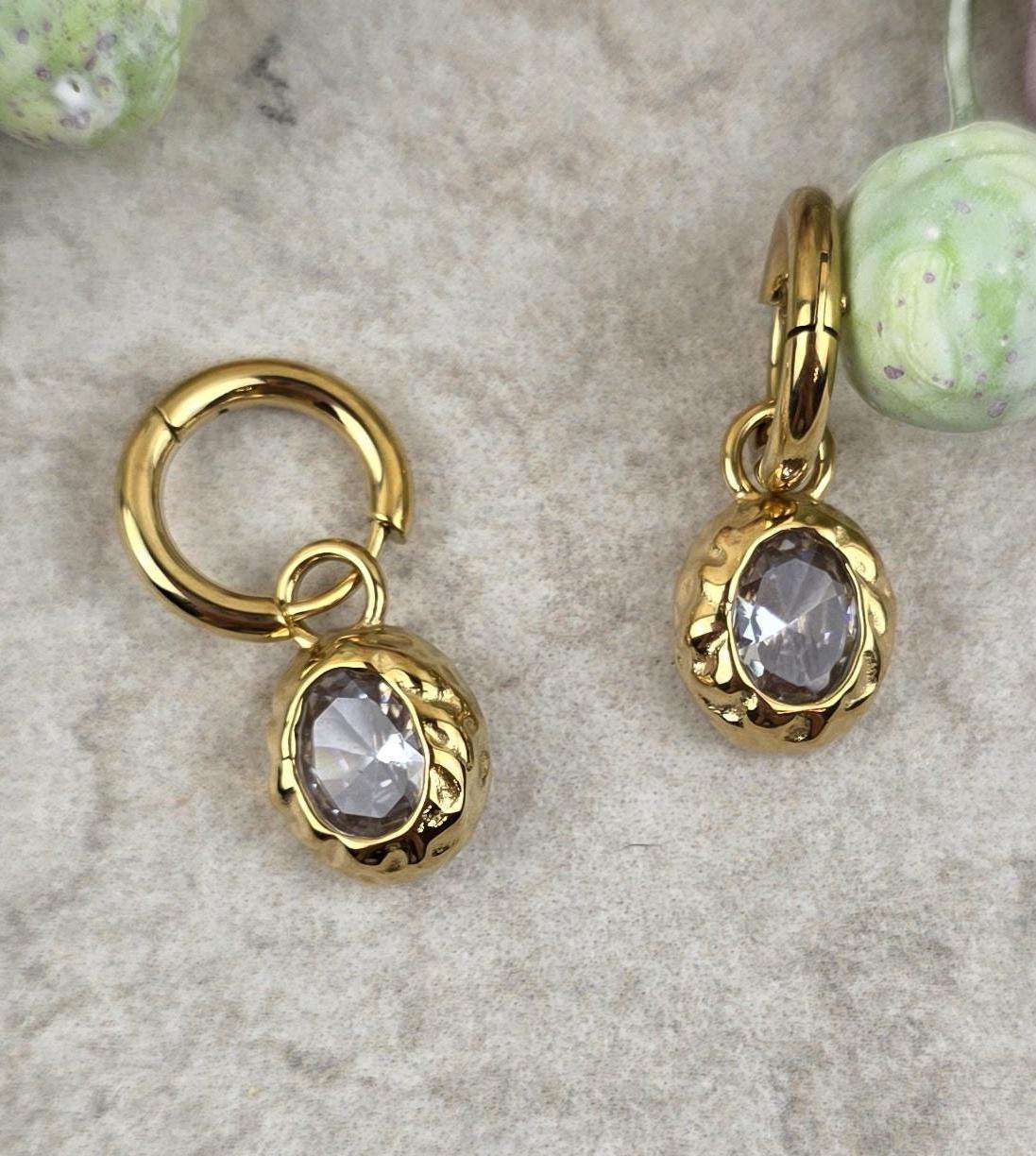 18K Gold Plated Oval Crystal Drop Earrings | Vintage Style Dainty Hoops