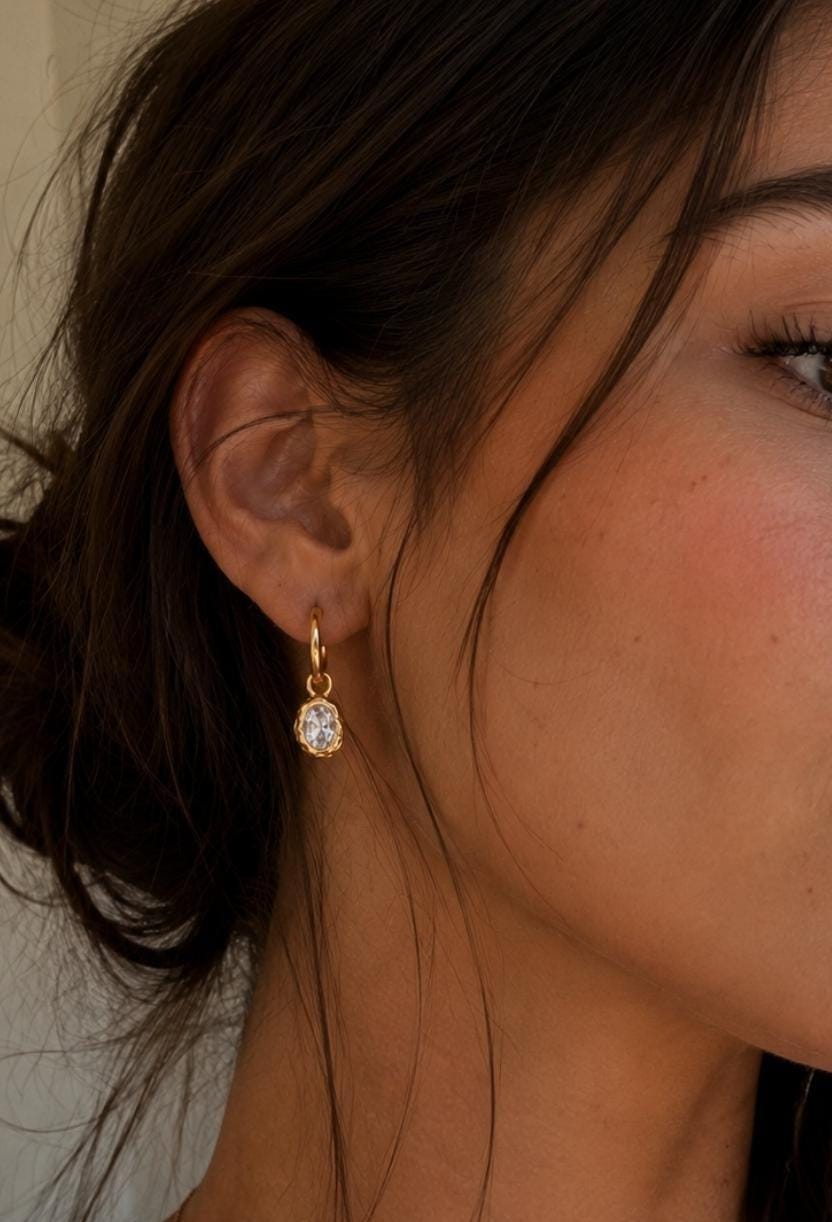 18K Gold Plated Oval Crystal Drop Earrings | Vintage Style Dainty Hoops