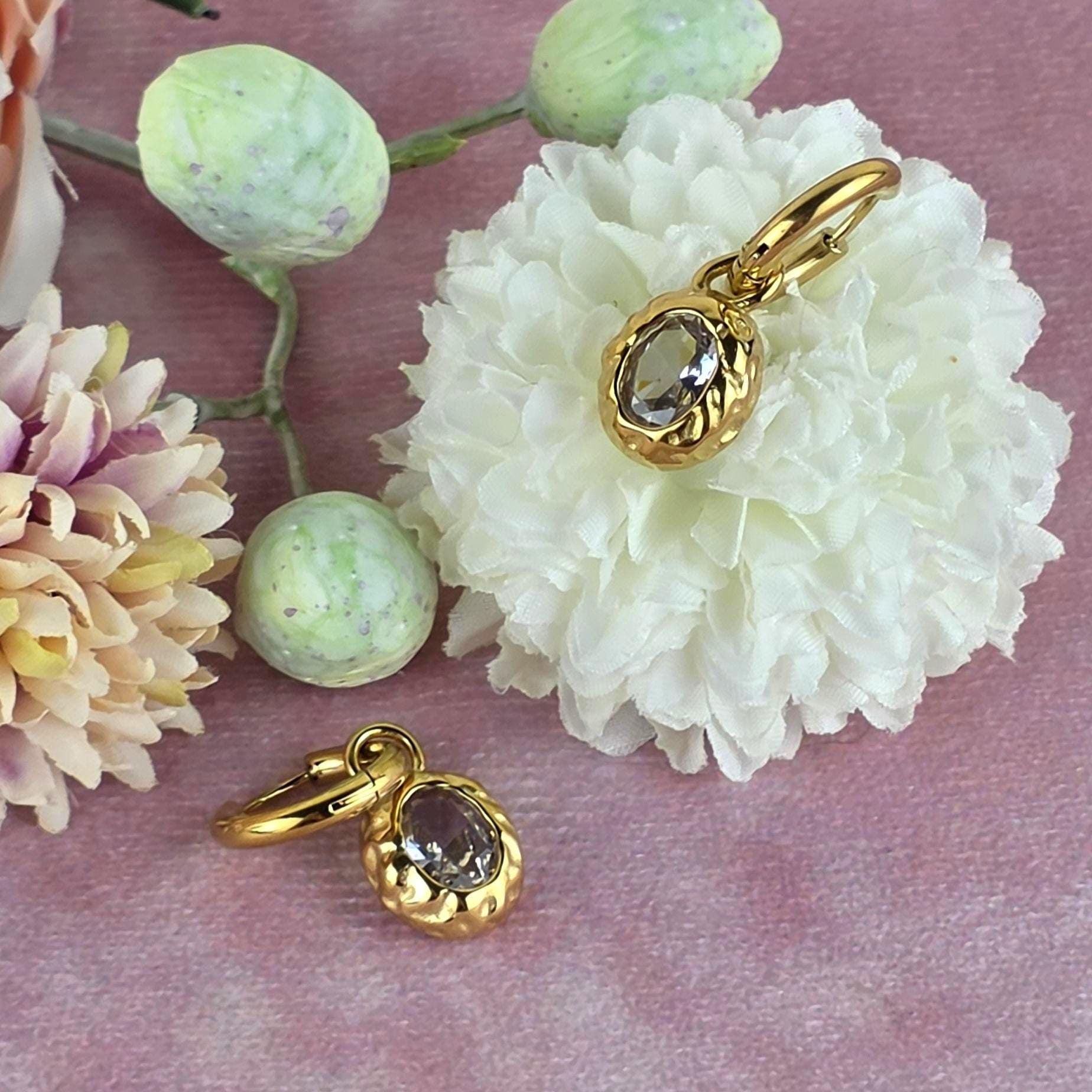 18K Gold Plated Oval Crystal Drop Earrings | Vintage Style Dainty Hoops