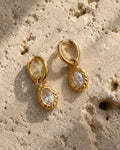 18K Gold Plated Oval Crystal Drop Earrings | Vintage Style Dainty Hoops