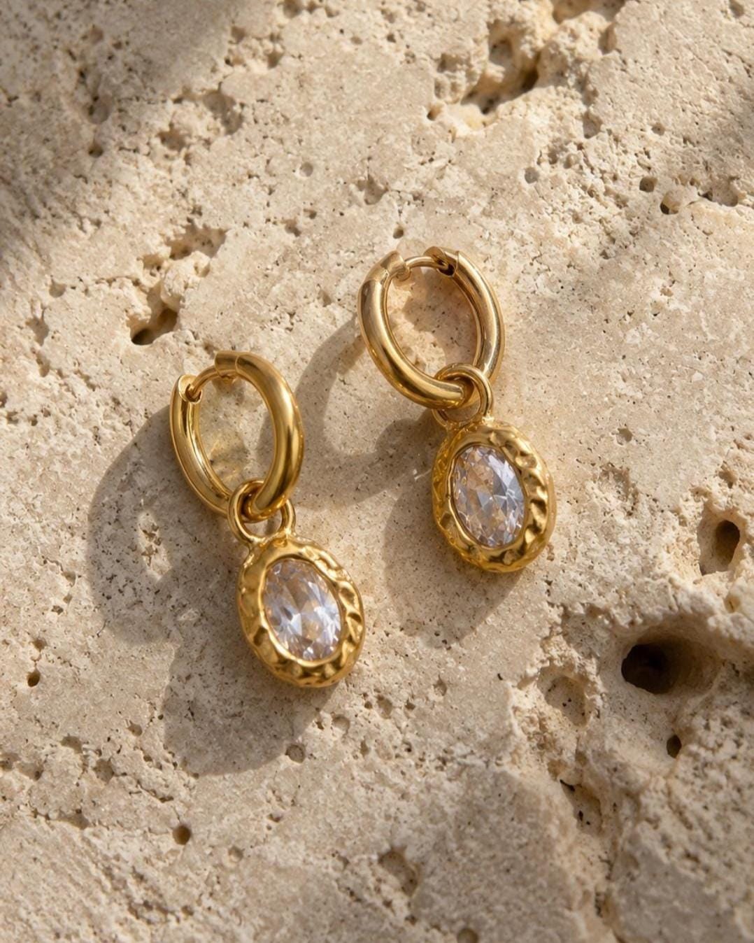 18K Gold Plated Oval Crystal Drop Earrings | Vintage Style Dainty Hoops