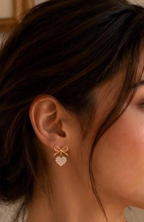 Gold Bow Heart Pearl Earrings, 18k Plated Stainless Steel, Coquette ,Romantic Jewelry