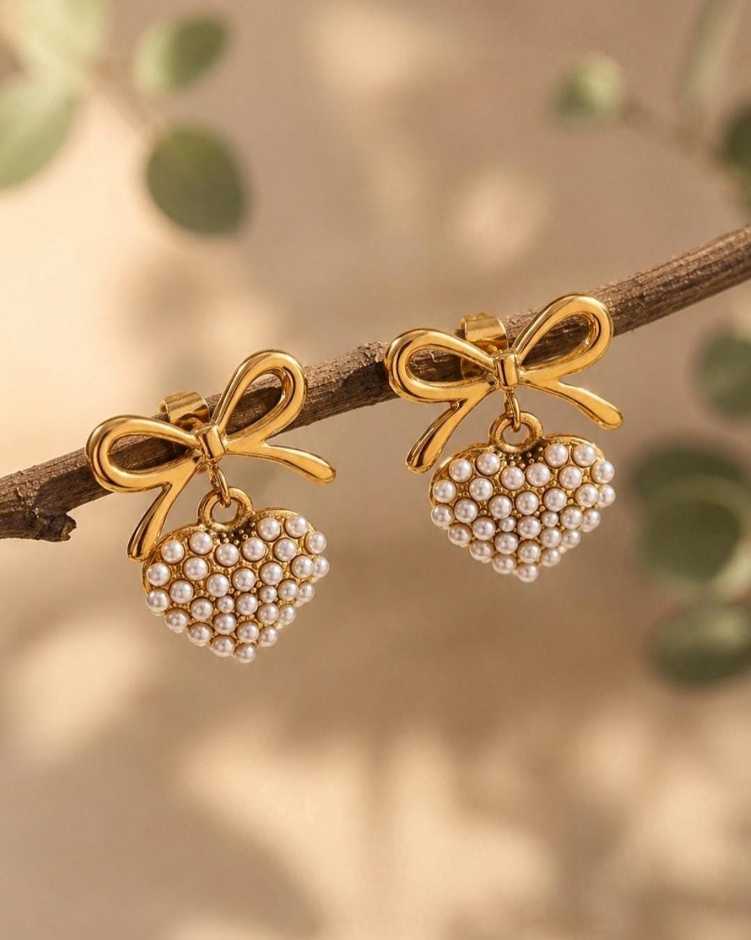 Gold Bow Heart Pearl Earrings, 18k Plated Stainless Steel, Coquette ,Romantic Jewelry