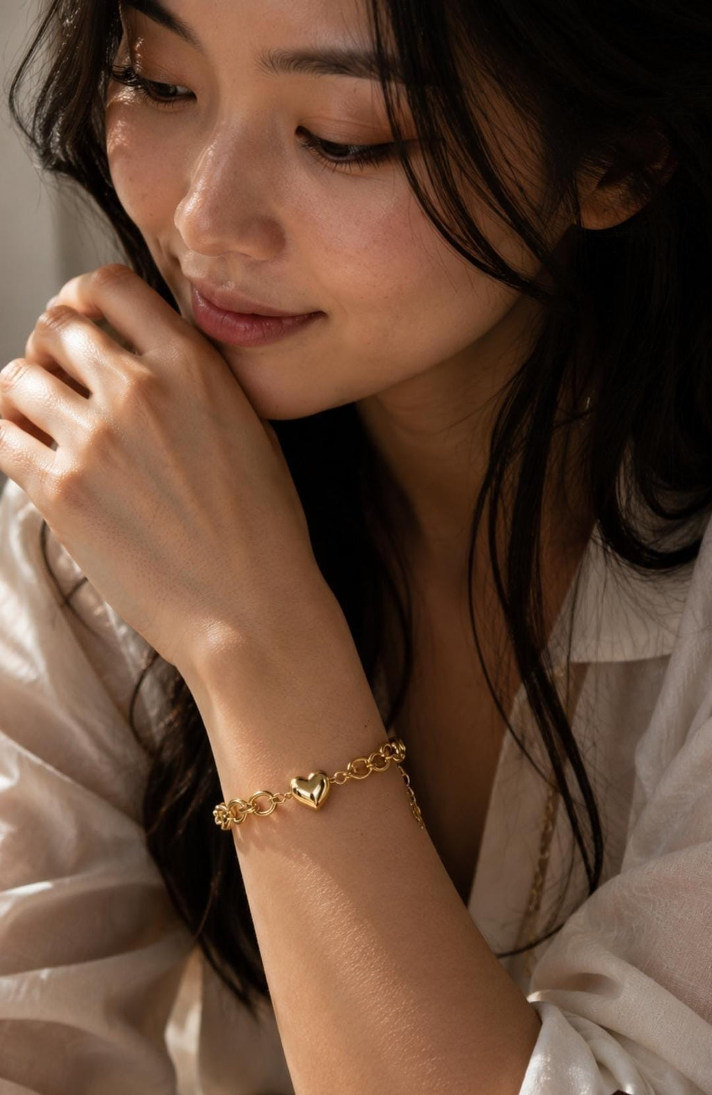 Gold Heart Chain Bracelet, Stainless Steel Chunky Link, Dainty Charm Jewelry, Adjustable