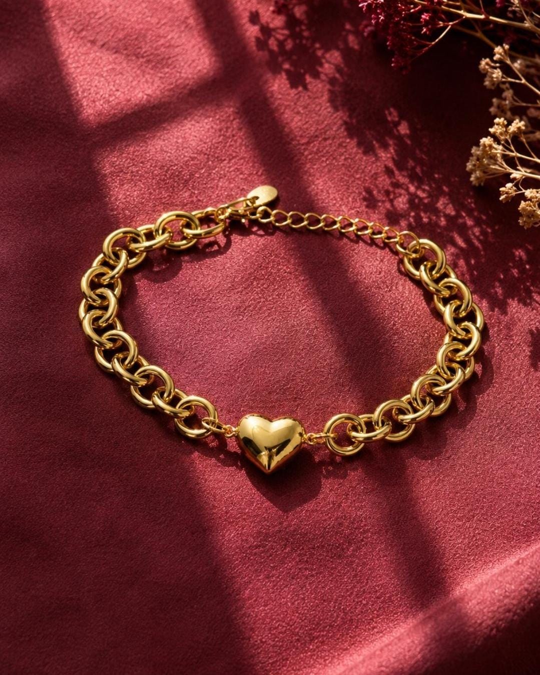 Gold Heart Chain Bracelet, Stainless Steel Chunky Link, Dainty Charm Jewelry, Adjustable