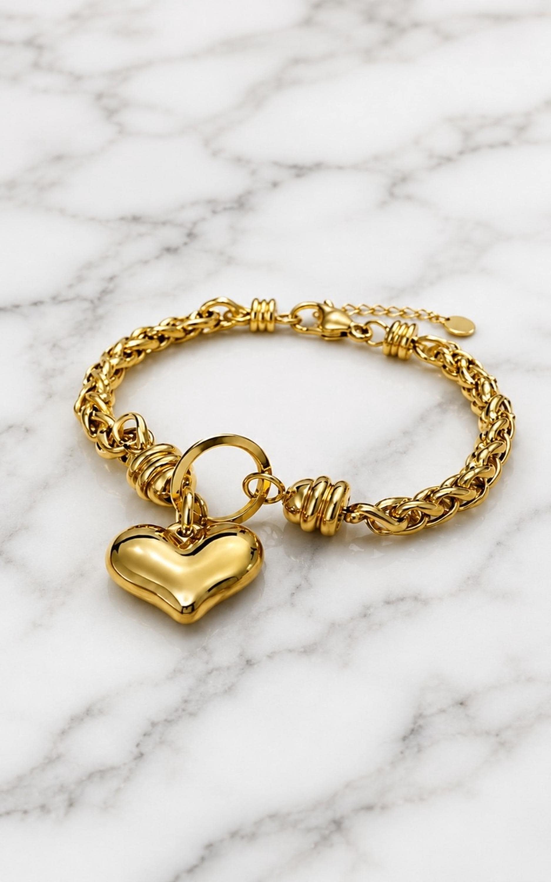 18K Gold Plated Heart Charm Bracelet, Stainless Steel Textured Chain, Adjustable Dainty Jewelry