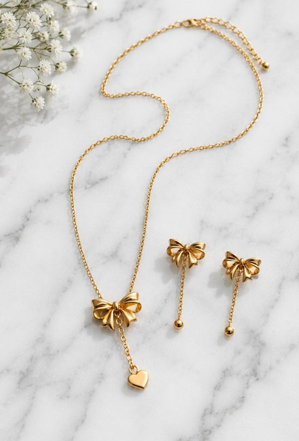 18K Gold Plated Bow Necklace Earrings Set | Stainless Steel Dainty Jewelry (Waterproof)