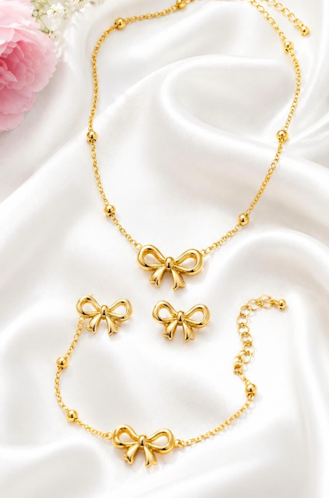 Gold Bow Jewelry Set Necklace Bracelet Earrings | 18K Plated Stainless Steel, Dainty Coquette Style