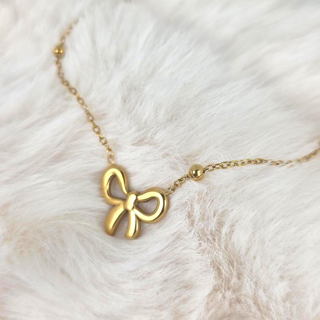 Gold Bow Jewelry Set Necklace Bracelet Earrings | 18K Plated Stainless Steel, Dainty Coquette Style