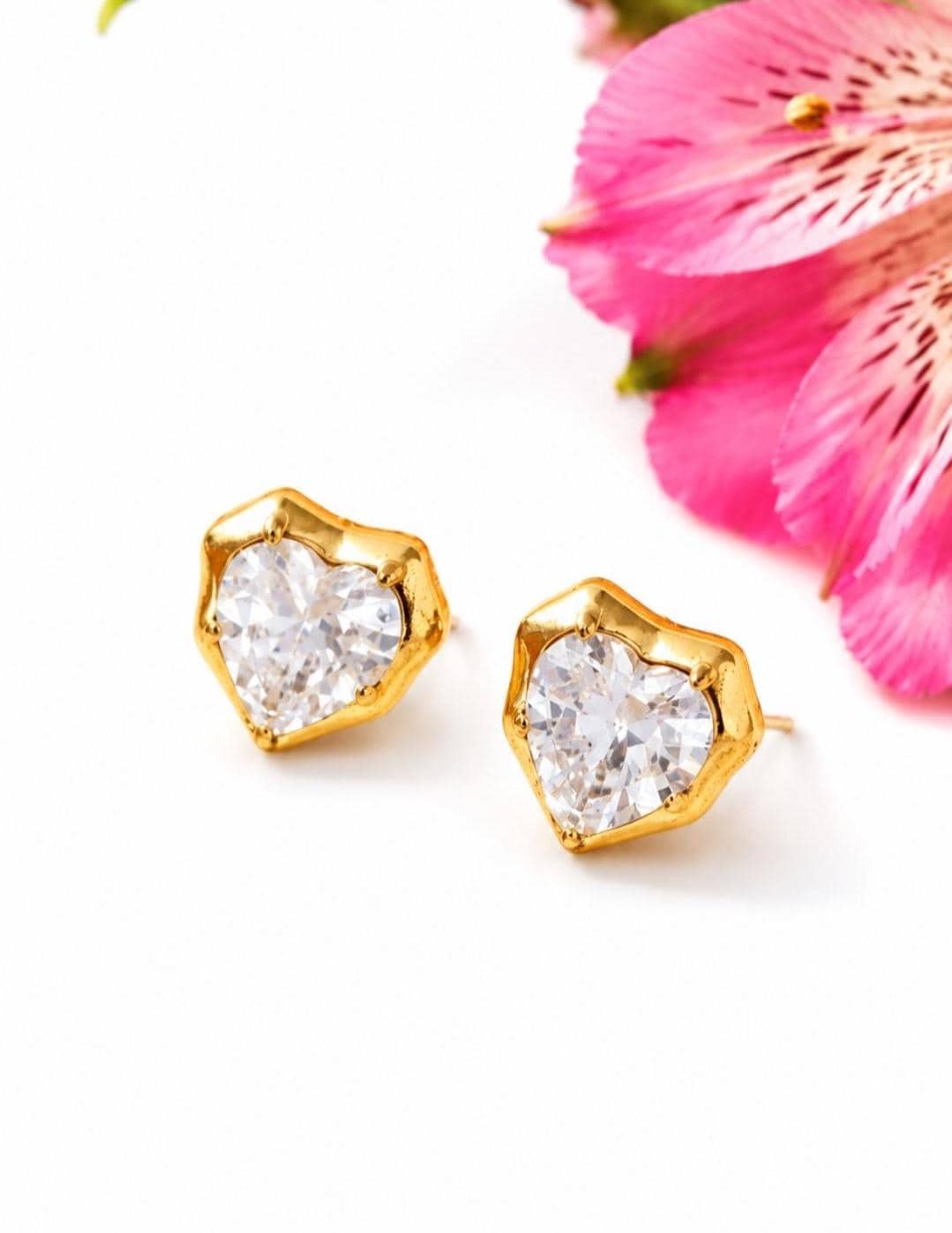 Heart Zircon Stud Earrings, 18K Gold Plated Stainless Steel, Water Resistant