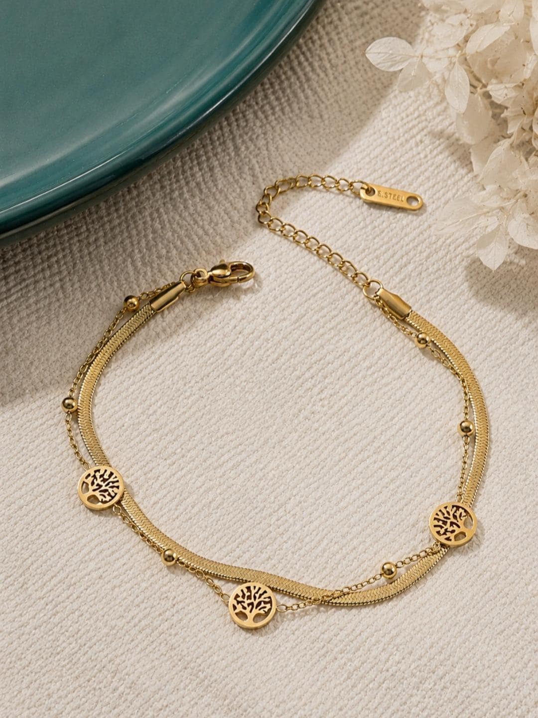 18K Gold Plated Tree of Life Bracelet, Stainless Steel Double Chain Dainty Layered Jewelry