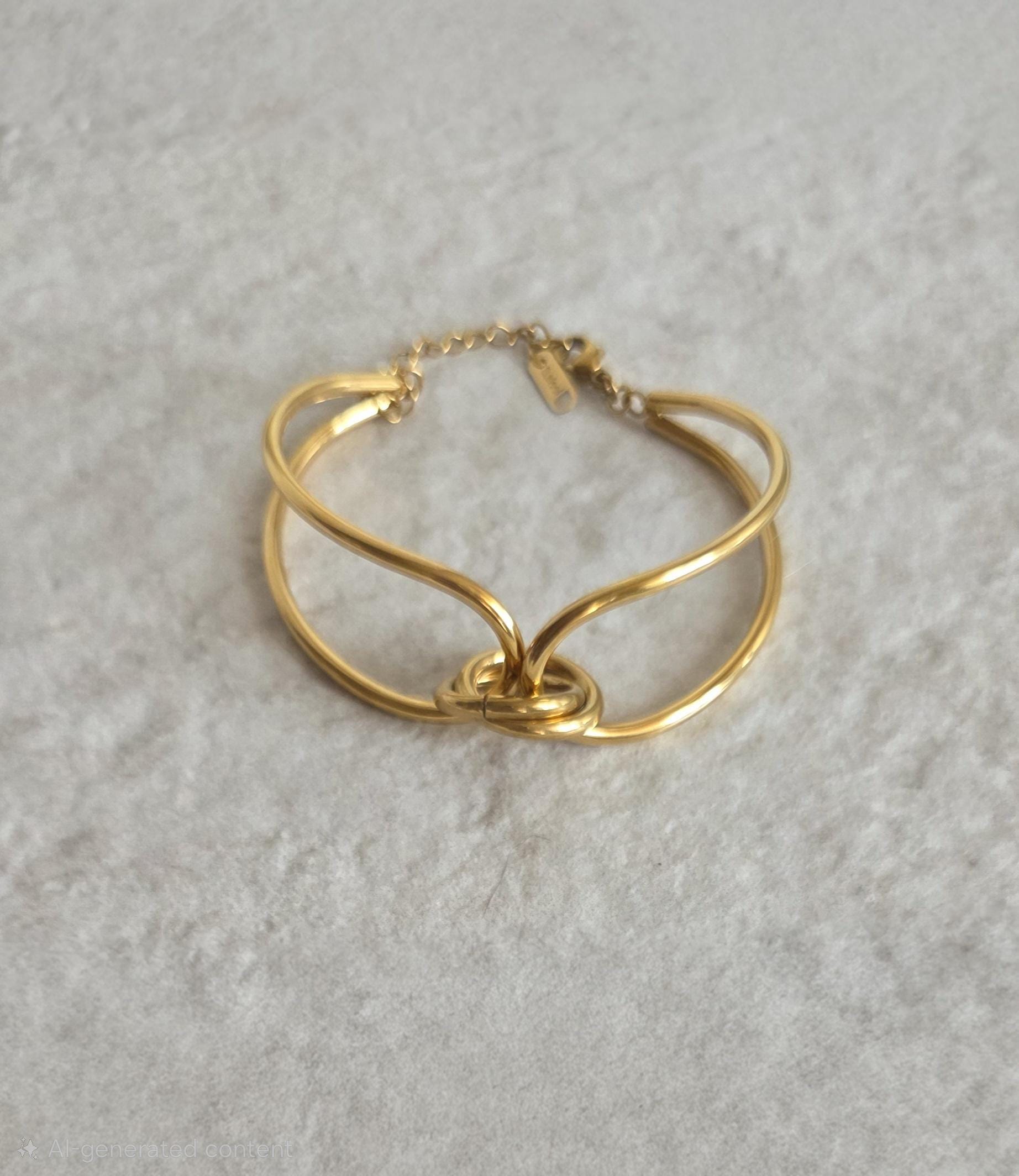18K Gold Plated Knot Bracelet, Stainless Steel Cuff, Minimalist Modern Jewelry