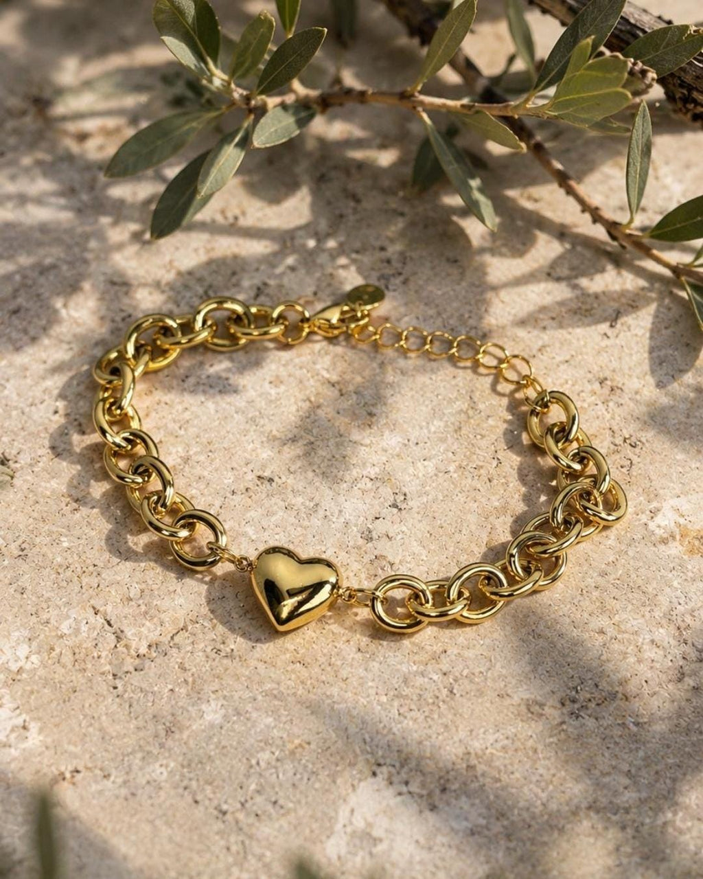 Gold Heart Chain Bracelet, Stainless Steel Chunky Link, Dainty Charm Jewelry, Adjustable