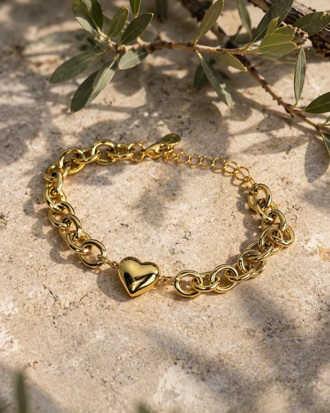 Gold Heart Chain Bracelet, Stainless Steel Chunky Link, Dainty Charm Jewelry, Adjustable
