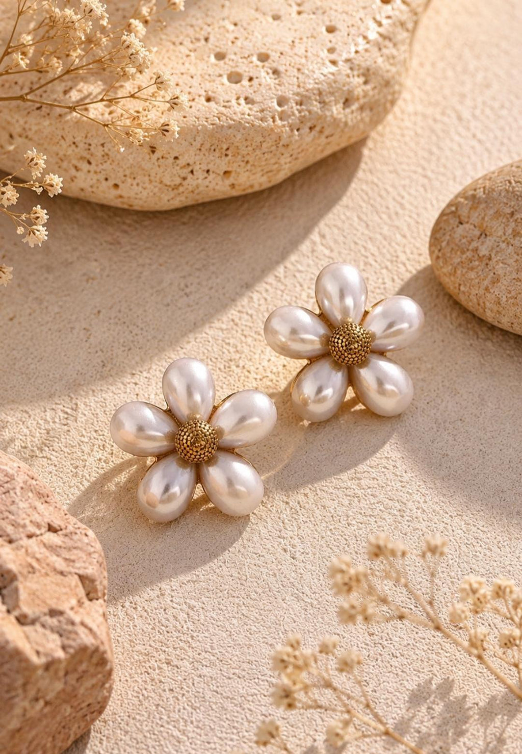 Daisy Pearl Stud Earrings, 18K Gold Plated Flower Design, Dainty Floral Jewelry