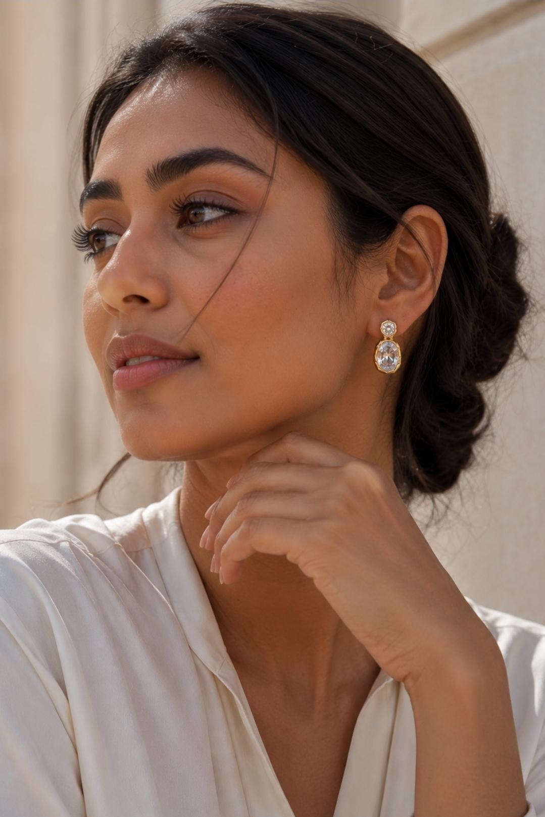 18K Gold Plated Zircon Drop Earrings, Oval Crystal Studs, Statement Jewelry