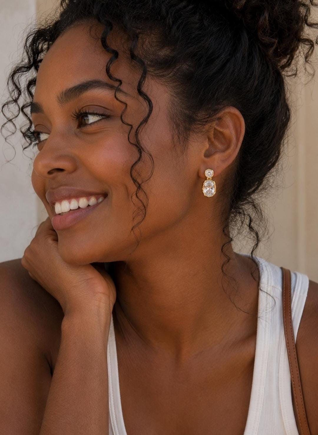 18K Gold Plated Zircon Drop Earrings, Oval Crystal Studs, Statement Jewelry