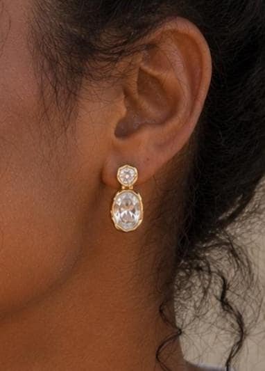 18K Gold Plated Zircon Drop Earrings, Oval Crystal Studs, Statement Jewelry