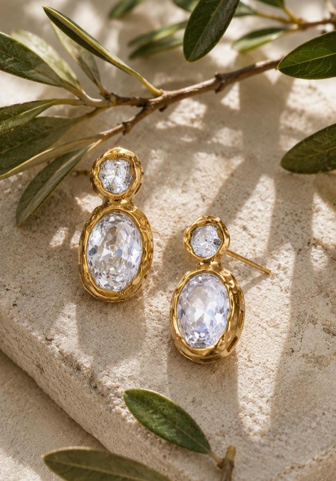 18K Gold Plated Zircon Drop Earrings, Oval Crystal Studs, Statement Jewelry