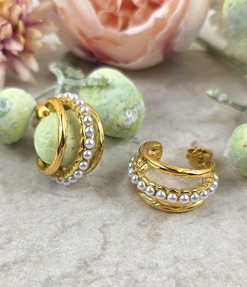 Alessia Gold Pearl Hoop Earrings | Textured Layered 18K Gold Plated Stainless Steel.Dainty Luxury