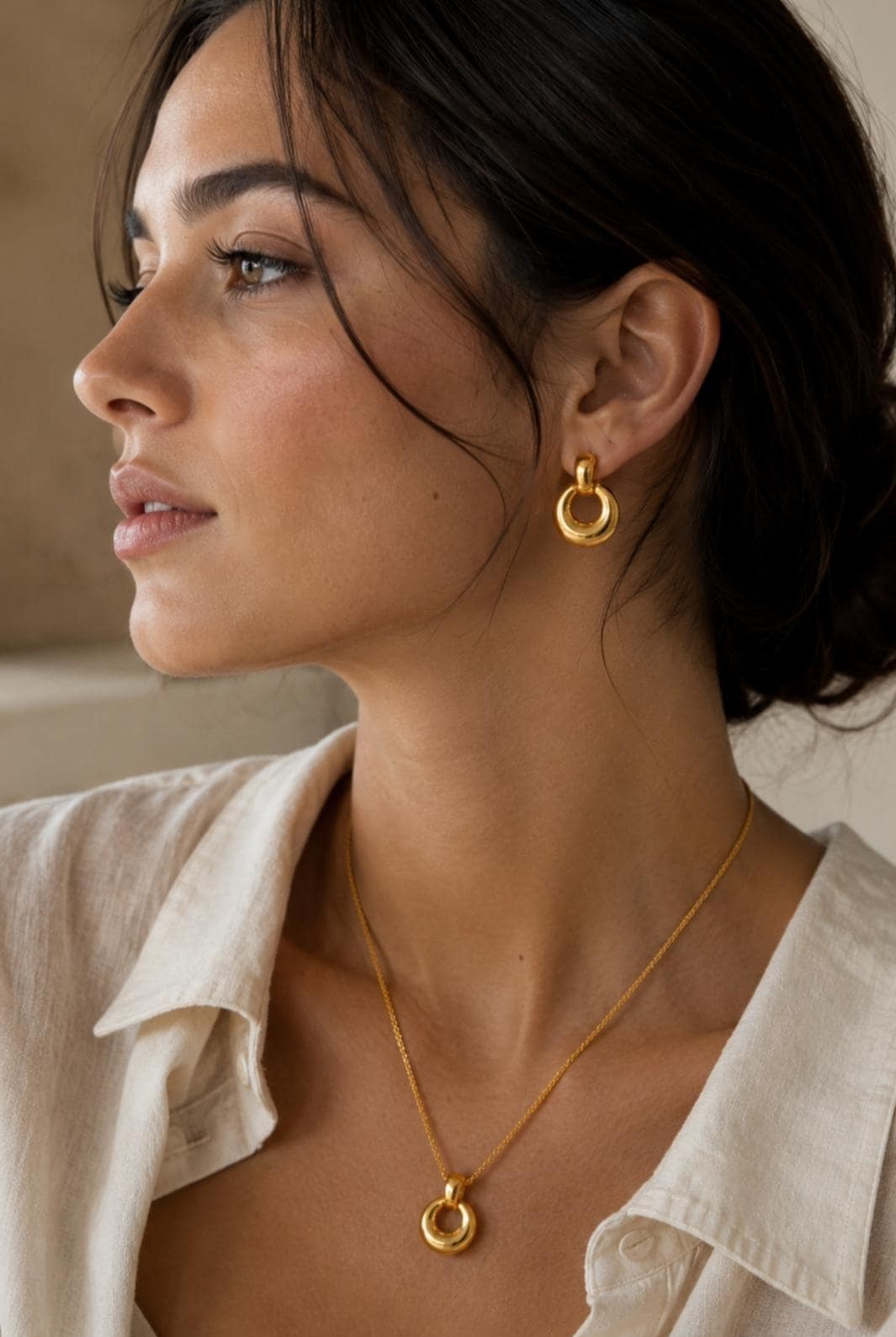 18K Gold Plated Stainless Steel Necklace Earrings Set, Minimalist Tarnish Resistant Jewelry