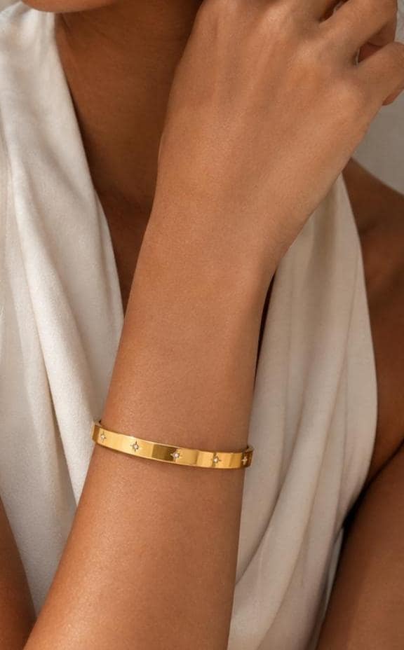 18K Gold Plated Starburst Cuff Bracelet – Minimalist Stainless Steel Bangle